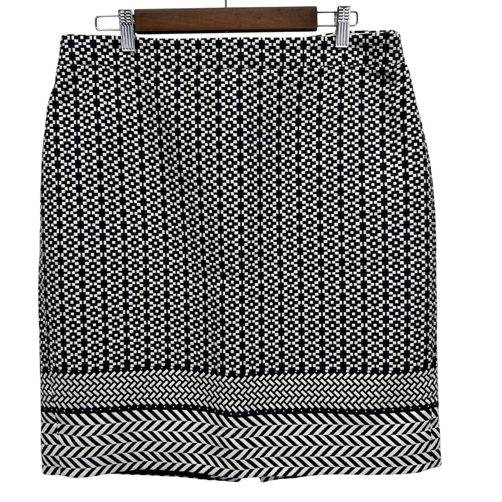 J. Crew Black White Geometric Print Pencil Skirt Sz 14 Lined Herringbone‎ Career